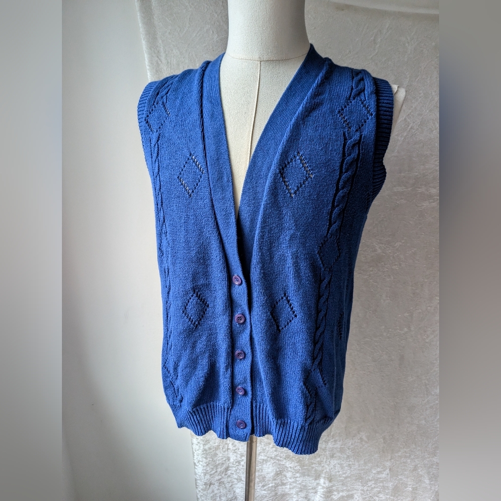 Pendleton Cotton Button Up V-neck Vest Diamond Cable Knit